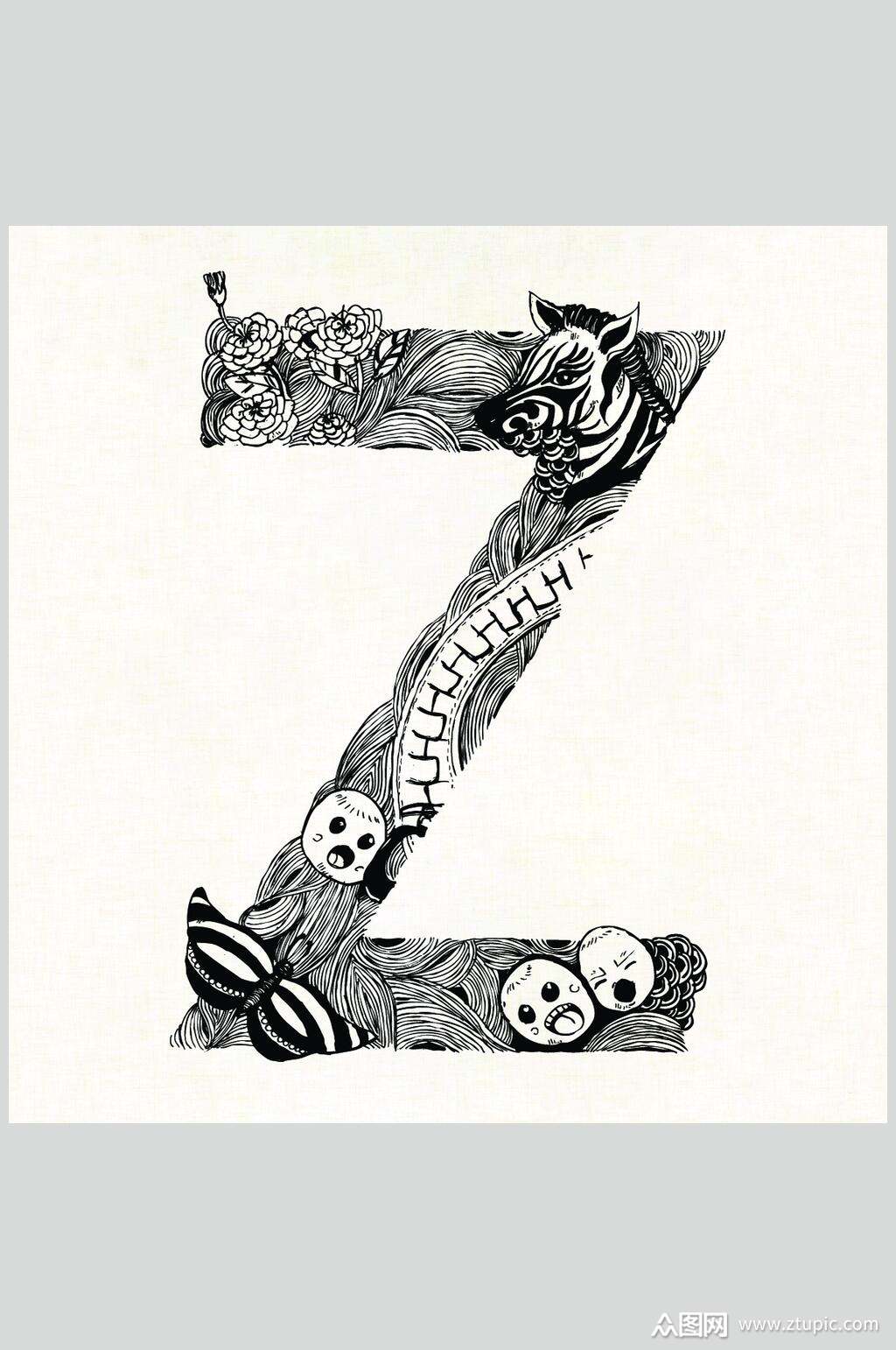 斑马黄黑字母线稿手绘素描矢量素材素材