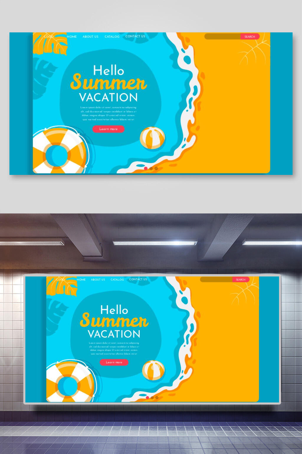 你好夏日假期游泳圈扁平化网页矢量插画素材