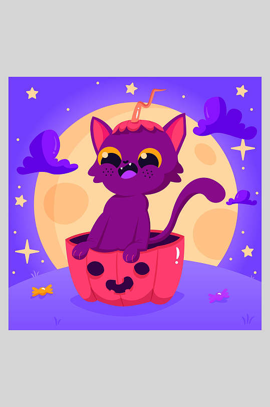 紫猫矢量猫咪万圣节插画