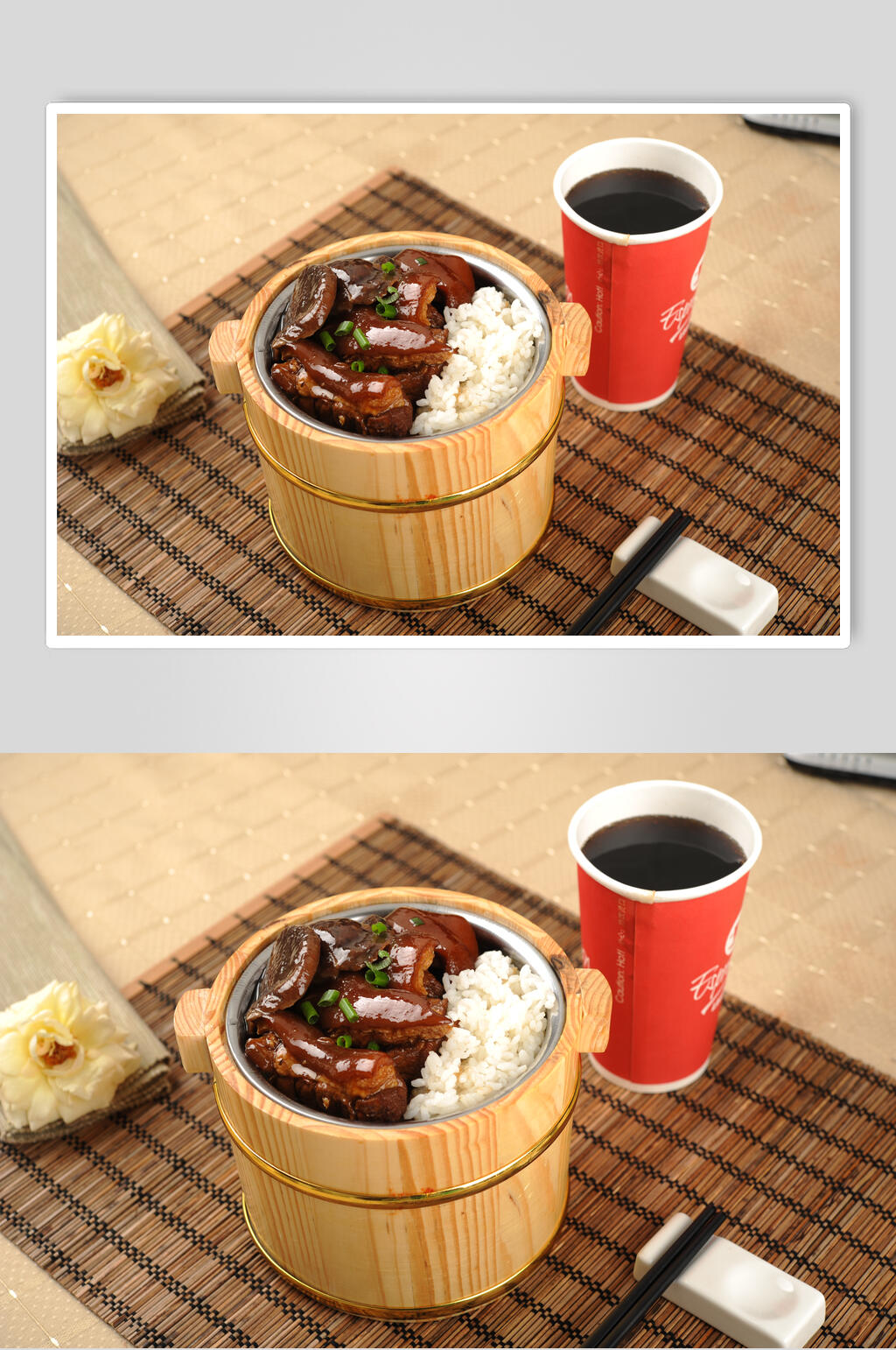 时尚红烧肉木桶饭摄影图片素材