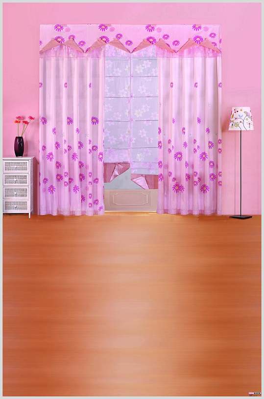 粉色窗帘花卉背景摄影图