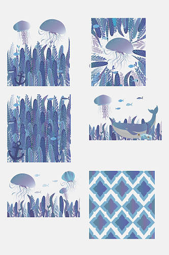 水墨蓝色动物植物海洋字母免抠素材