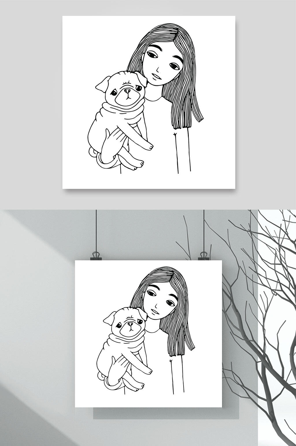 狗狗少女黑色温馨插画矢量素材素材