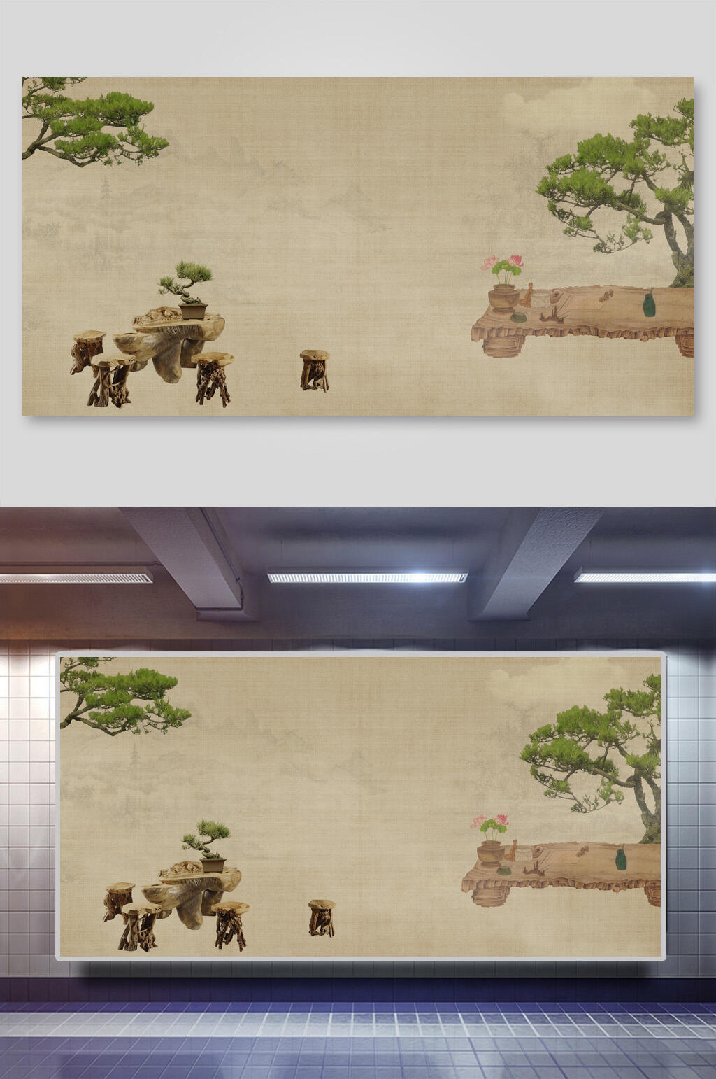 树枝椅子纹理清新中国风工笔画背景素材