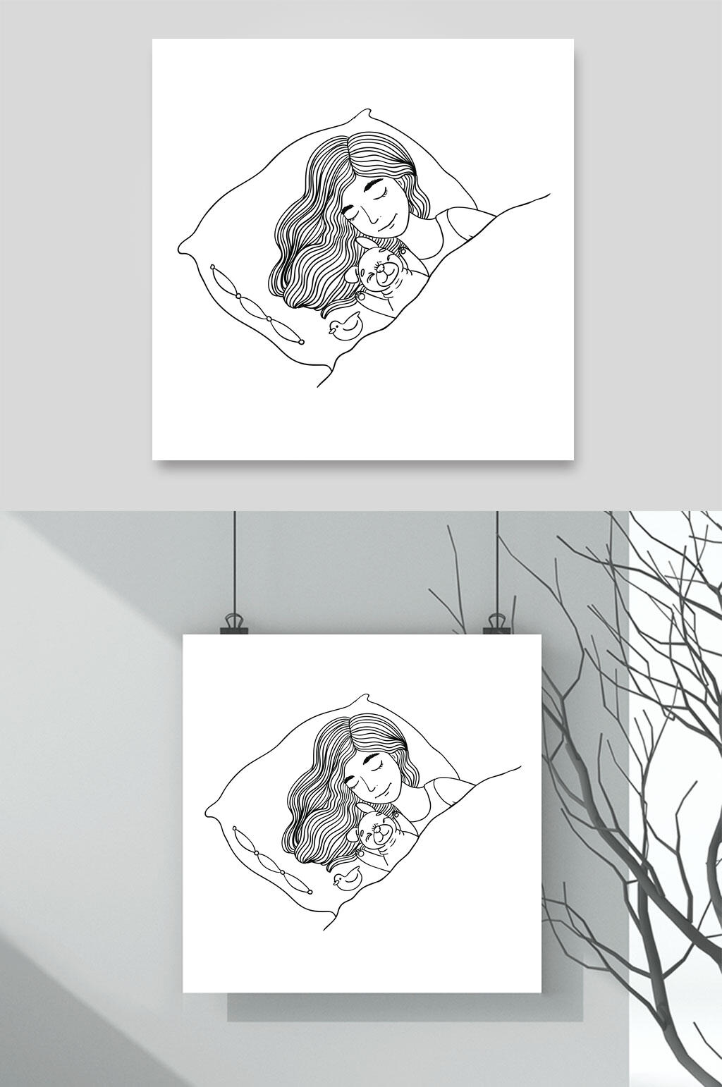 杯子枕头黑色简约温馨插画矢量素材素材