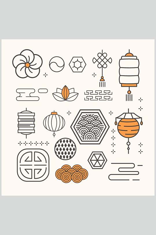 花朵黄色线条传统线描图案矢量素材