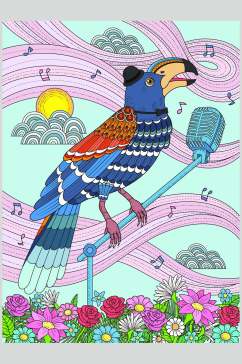 小鸟唱歌花朵唯美温馨插画矢量素材