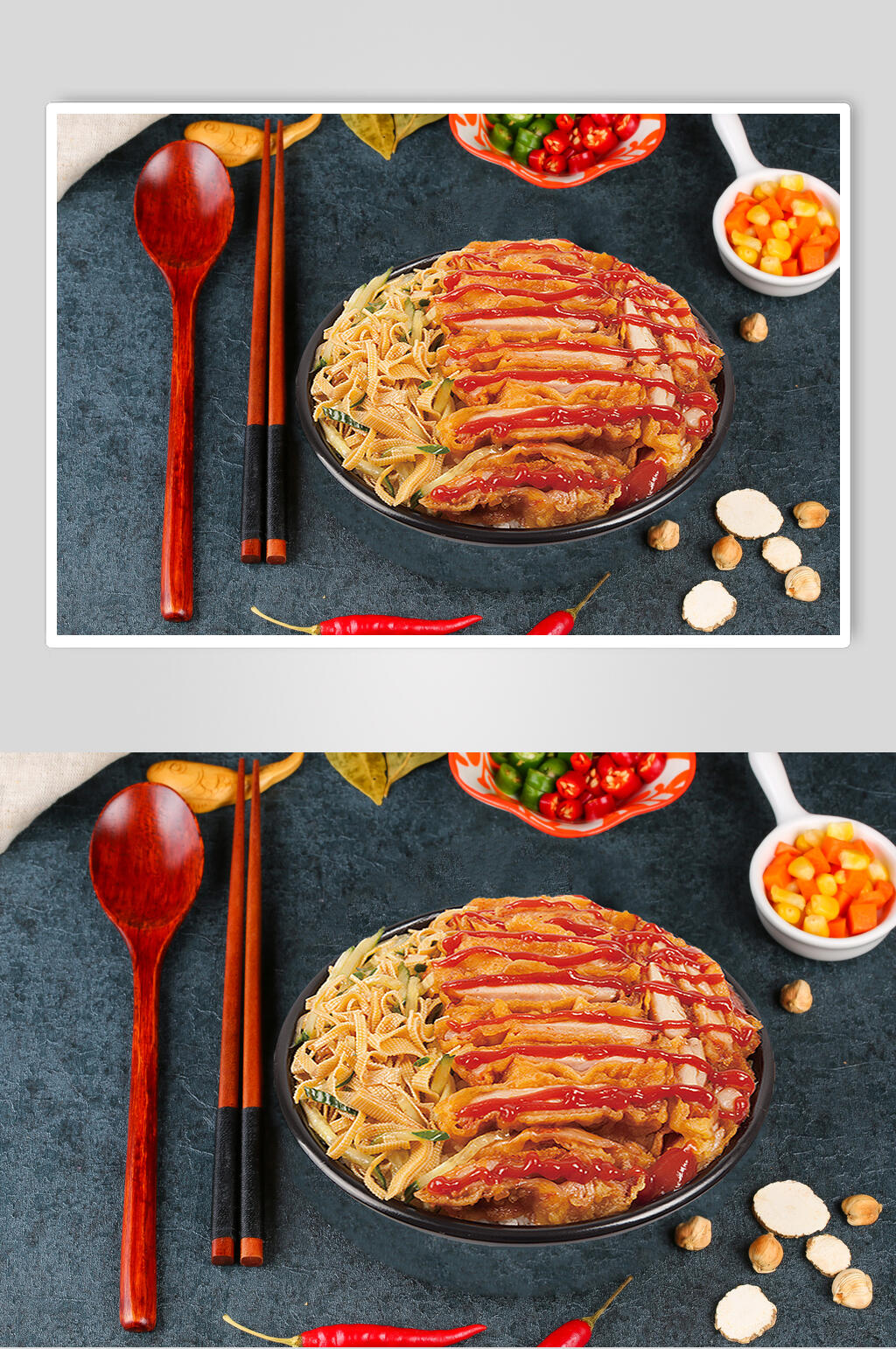 番茄脆皮鸡肉饭摄影图片素材