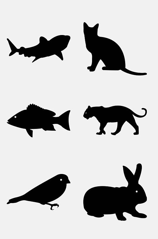 猫咪兔子黑色手绘动物剪影免抠素材