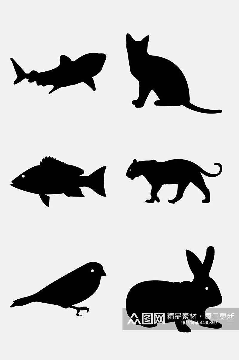 猫咪兔子黑色手绘动物剪影免抠素材素材