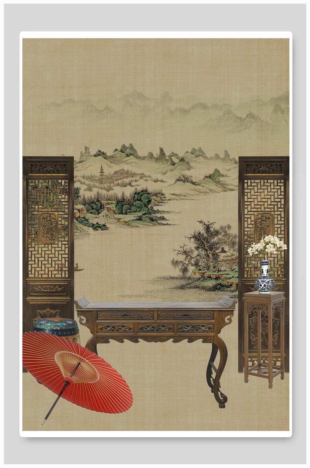 纸伞木头桌子中国风工笔画背景素材