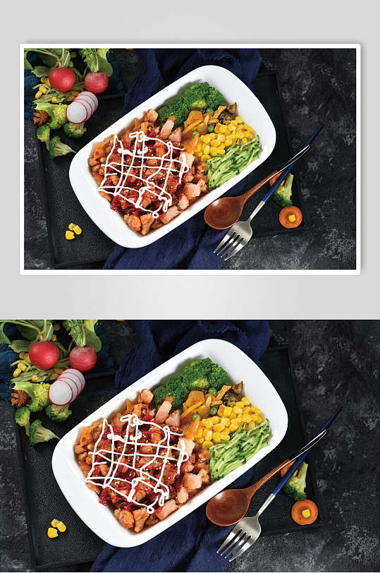 精致沙拉番茄脆皮鸡饭摄影图片