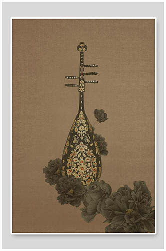 音乐花朵褐色简约中国风工笔画背景