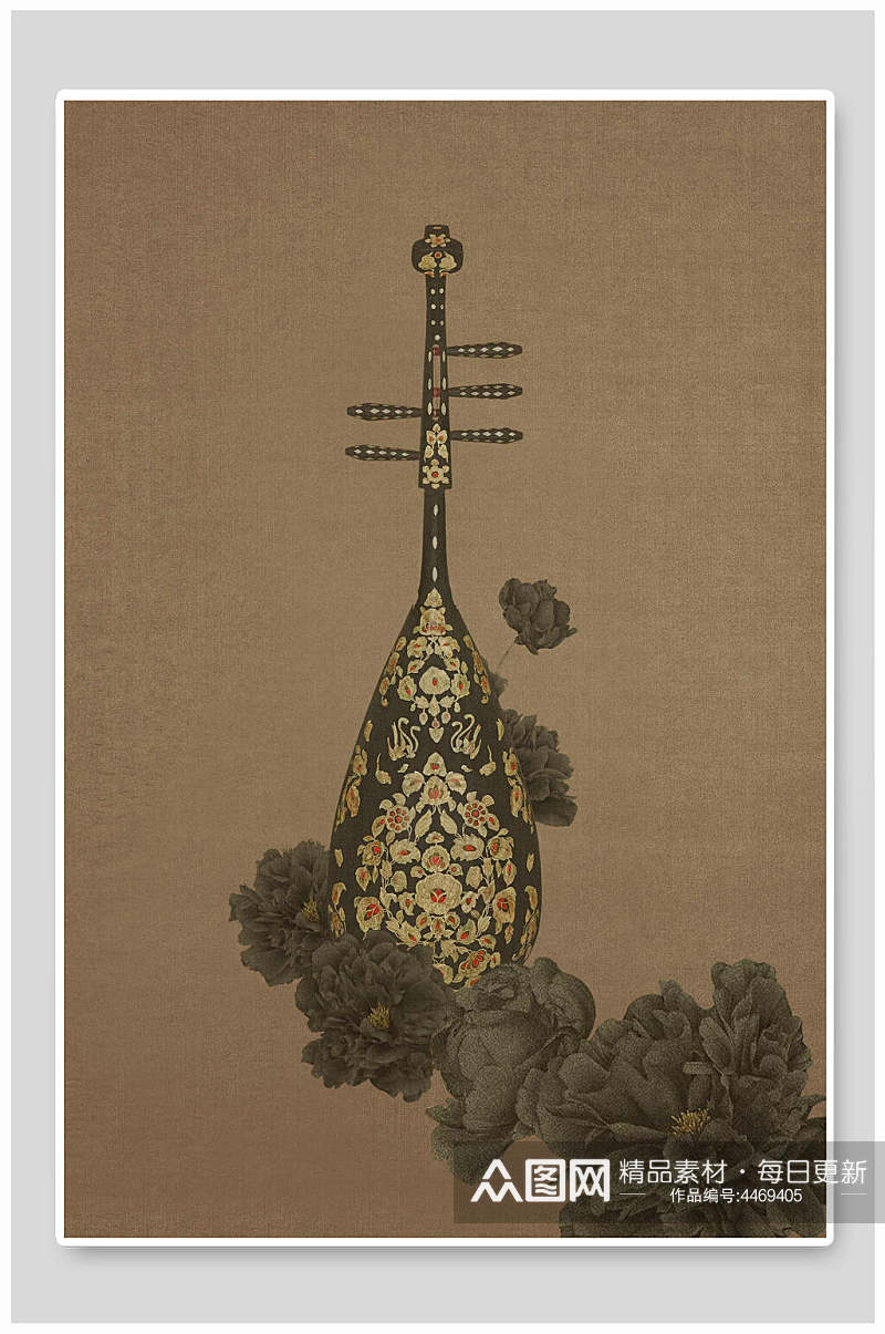 音乐花朵褐色简约中国风工笔画背景素材