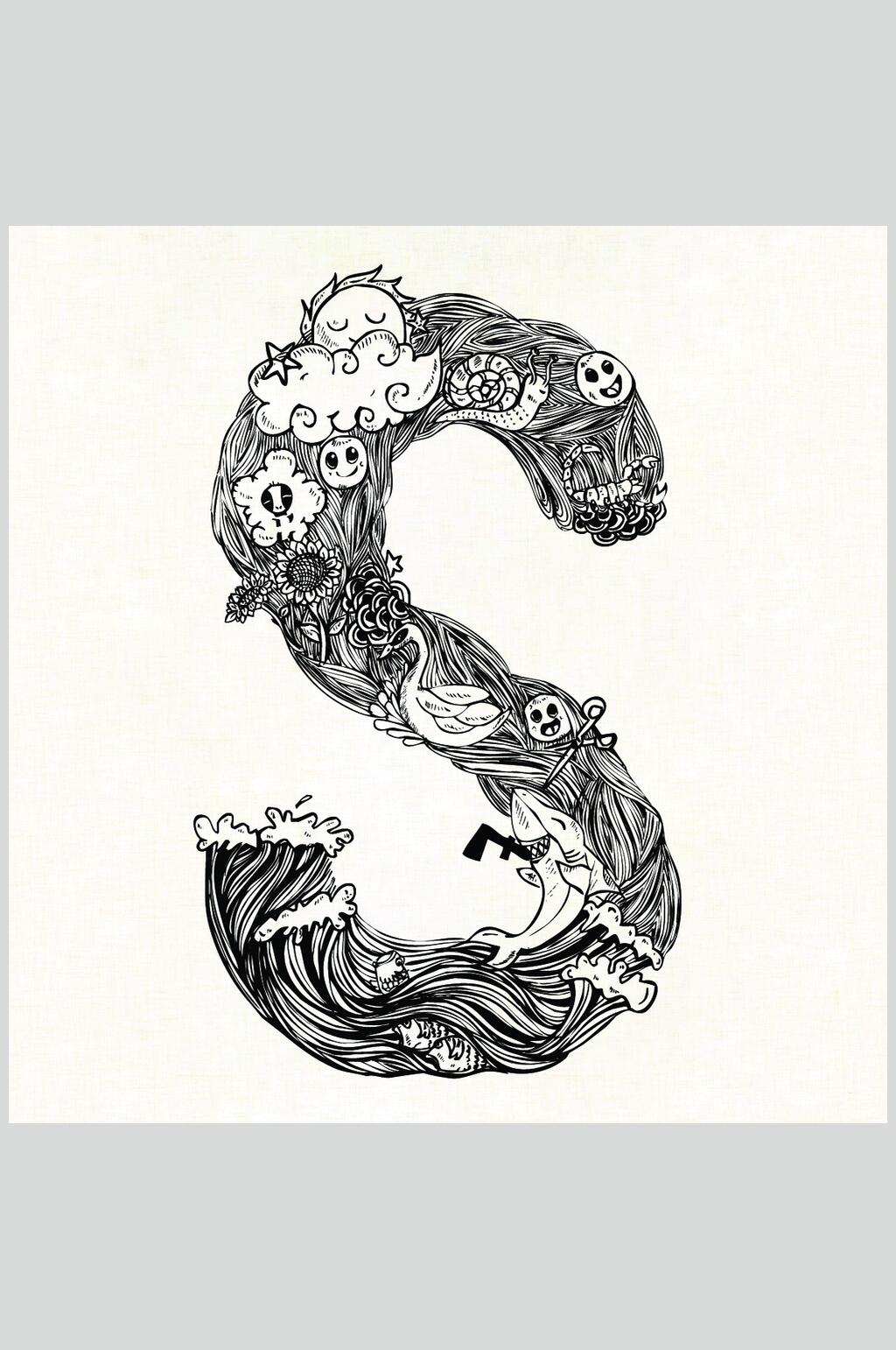 祥云海浪字母线稿手绘素描矢量素材素材