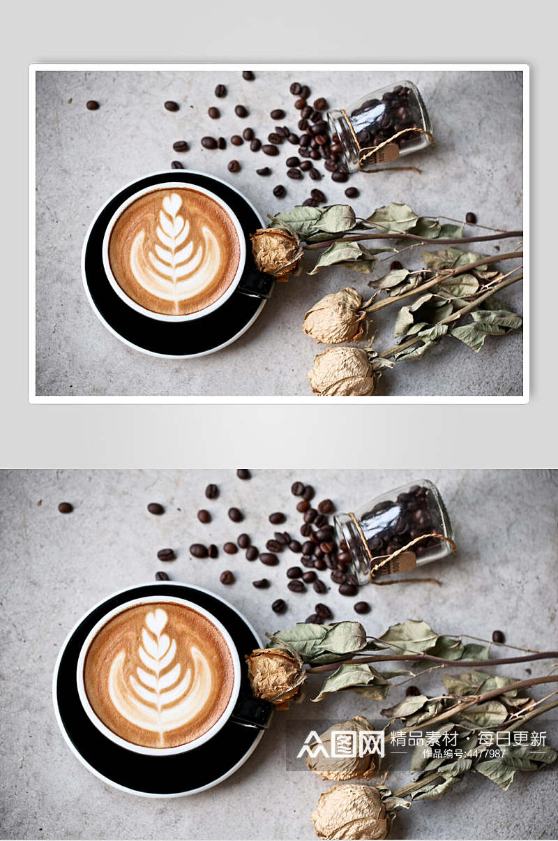 干花咖啡豆咖啡拉花图案图片素材