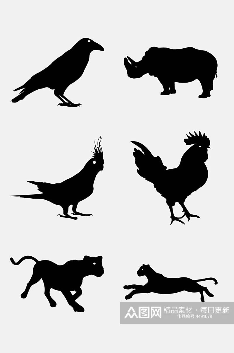 豹子公鸡黑色手绘动物剪影免抠素材素材