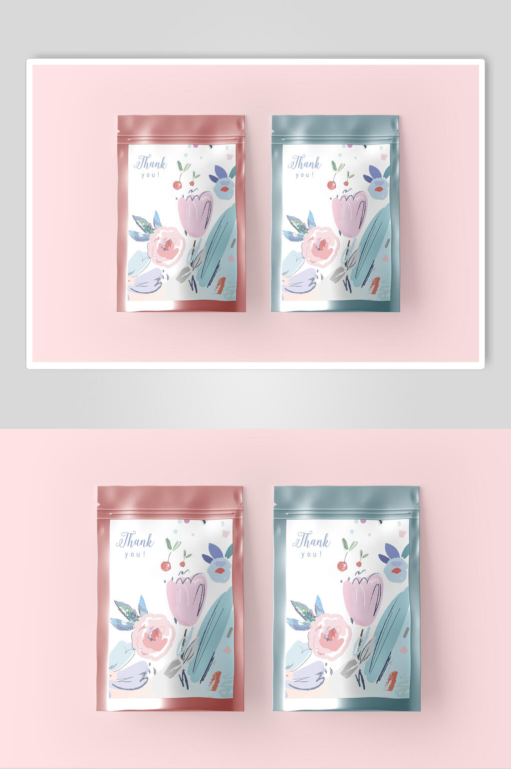 手绘花卉图案食品自封袋样机素材