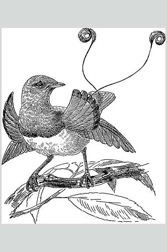 小鸟树枝黑色动物素描手绘矢量素材