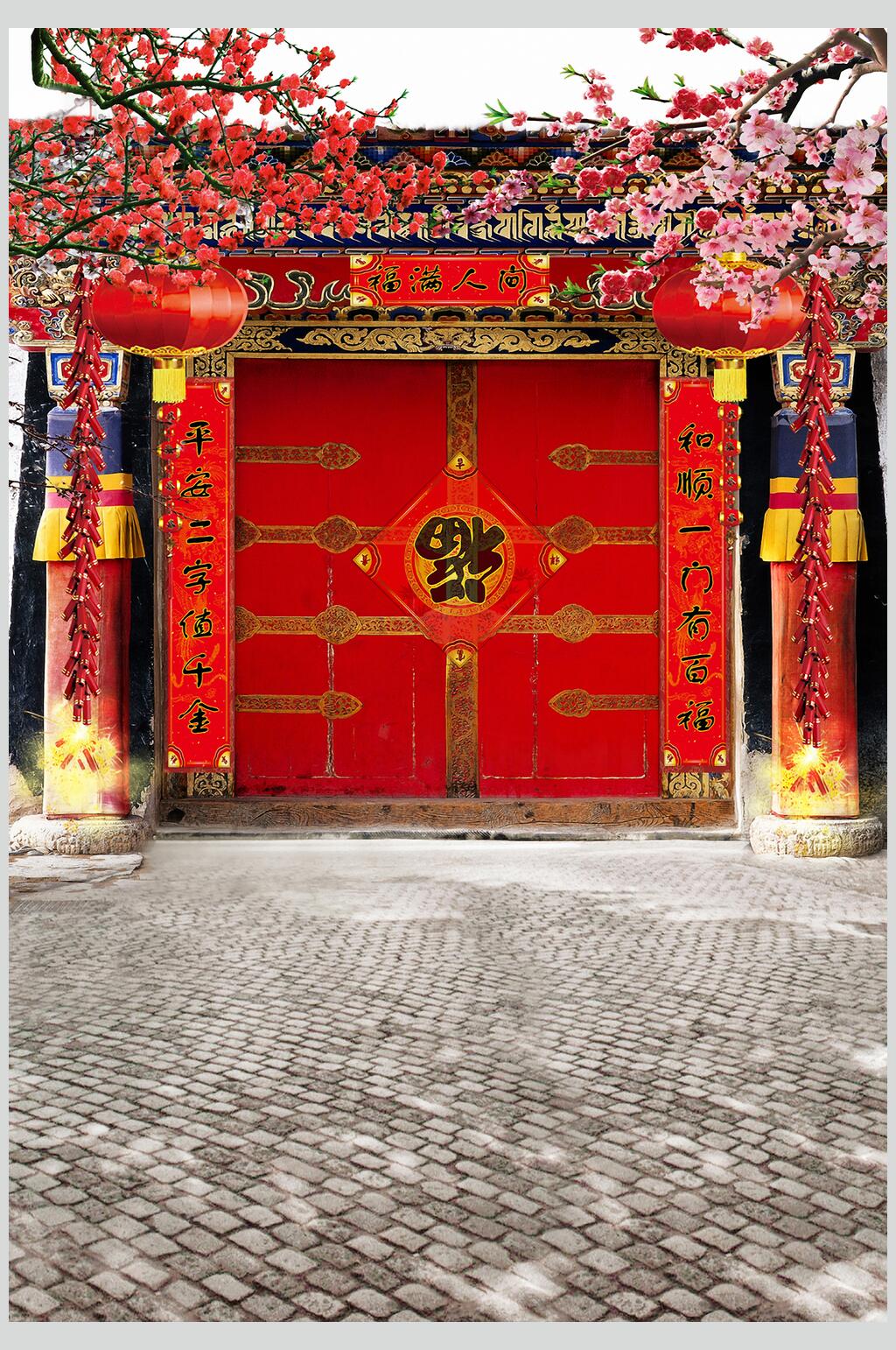 红色古建筑大门拍照背景图片素材