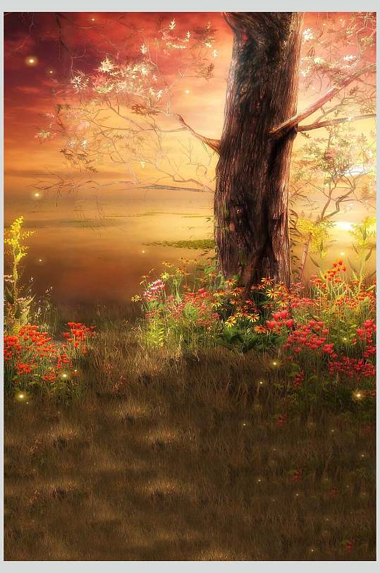 精美花朵树木蝴蝶场景背景图片