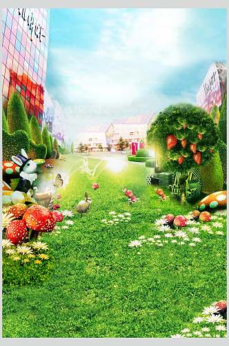 蘑菇蝴蝶兔子卡通田园背景图片