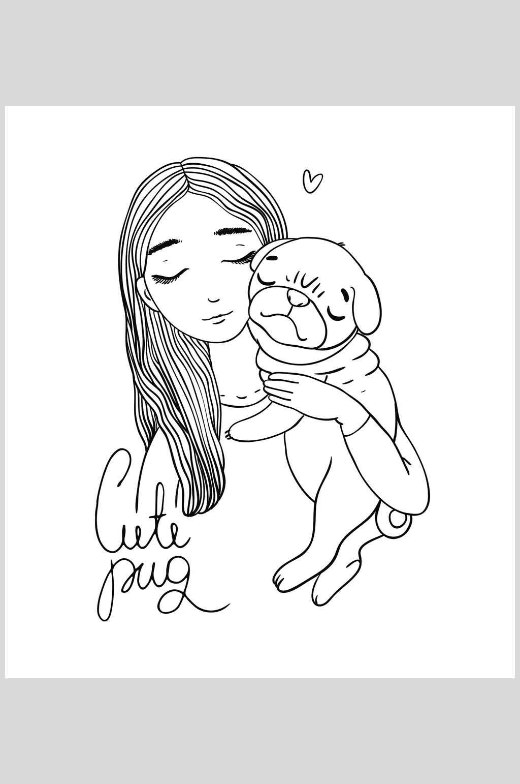 狗狗爱心手绘少女温馨插画矢量素材素材