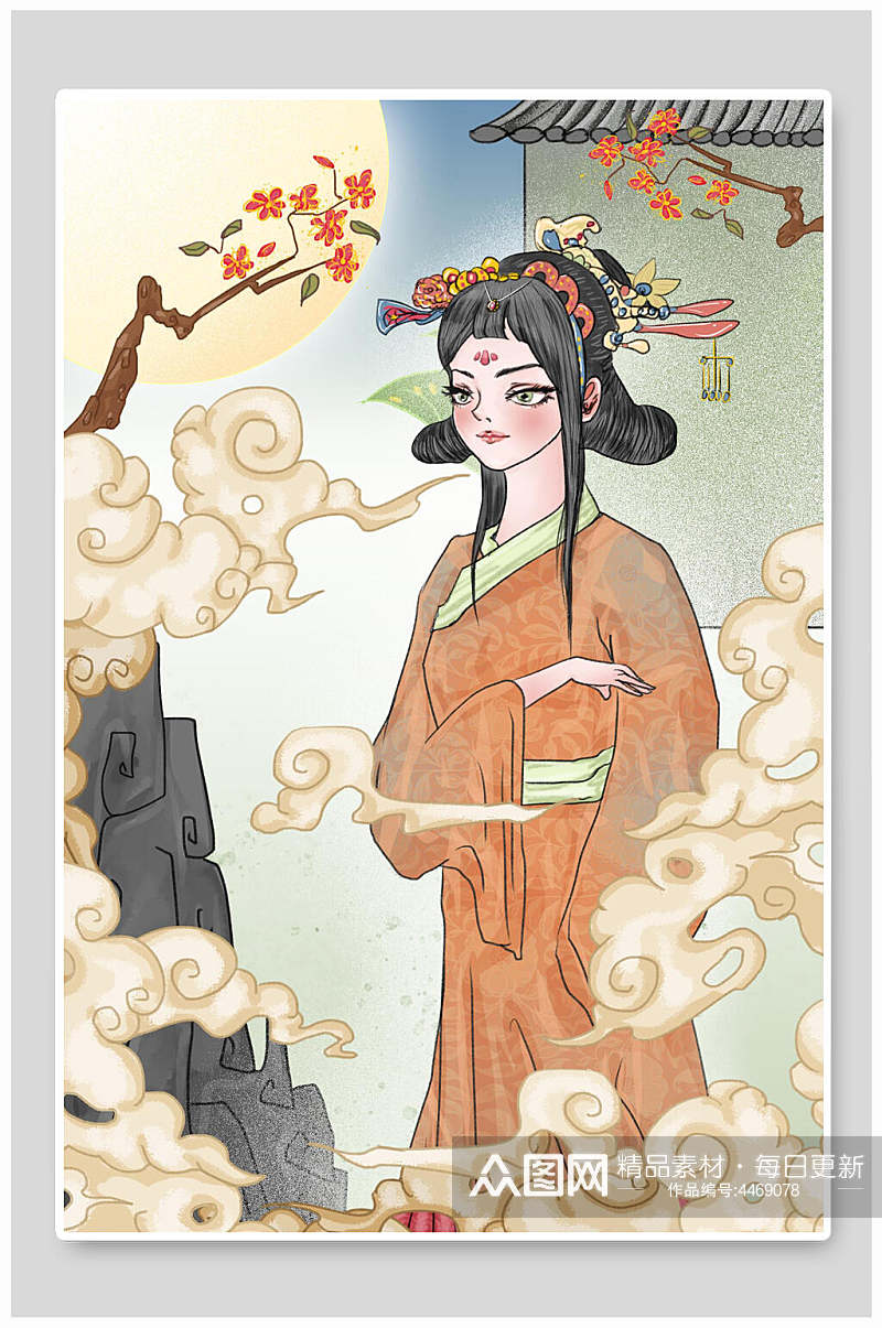 祥云桃花古典美人唯美国潮风插画素材