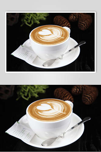 白瓷盘铁勺咖啡拉花图案图片