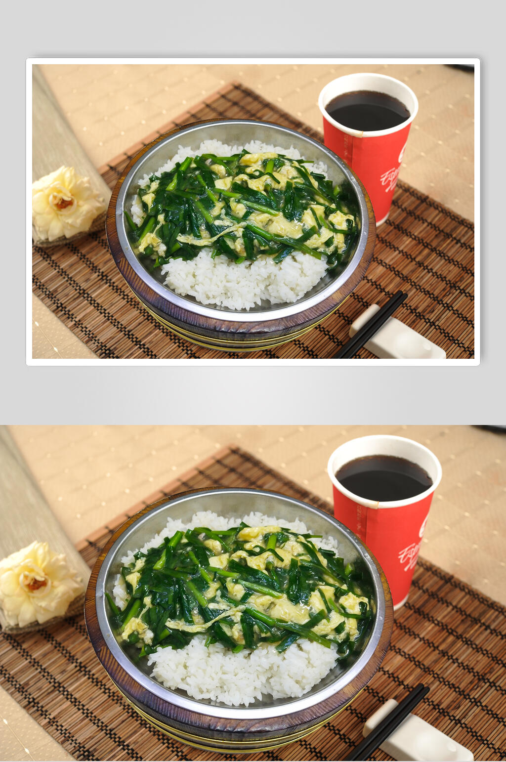 韭菜炒蛋木桶饭摄影图片素材
