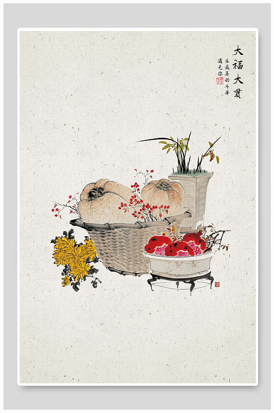 花朵篮子大富大贵工笔画中国风背景