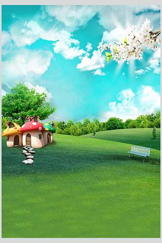 草坪蘑菇屋儿童卡通背景图片