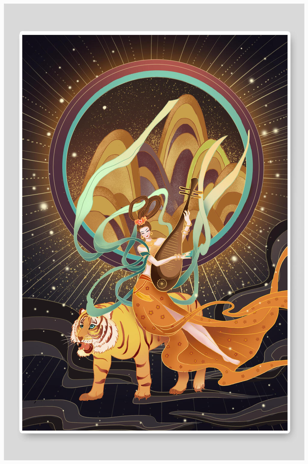 典雅古典美人老虎虎年竖版插画素材