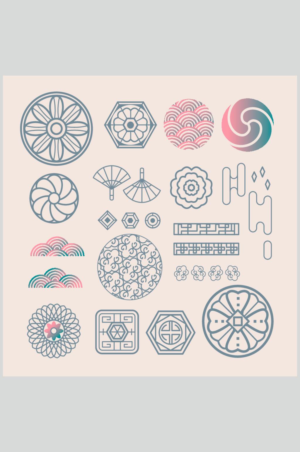 花朵黄色扇子传统线描图案矢量素材素材