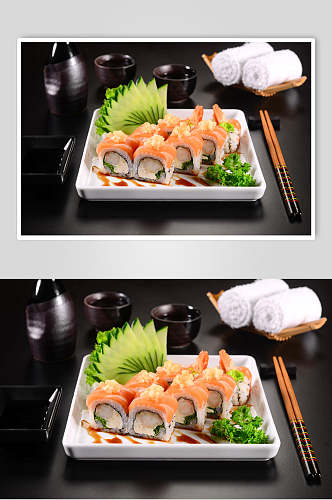 黄瓜三文鱼白色盘子日料寿司实拍图片