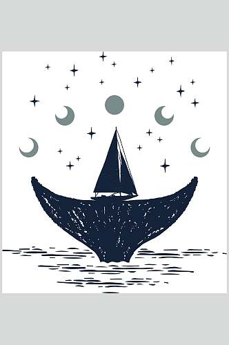 小船蓝色月亮北欧星座图案矢量素材