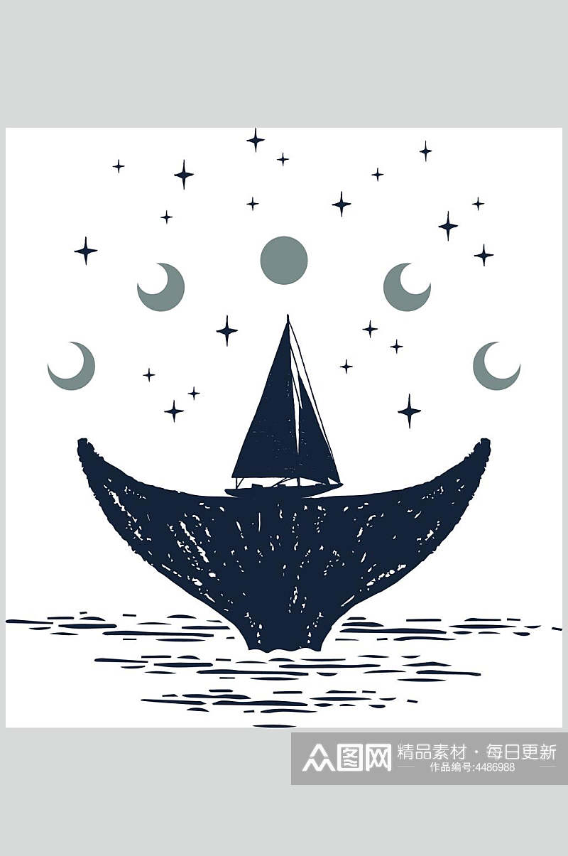 小船蓝色月亮北欧星座图案矢量素材素材