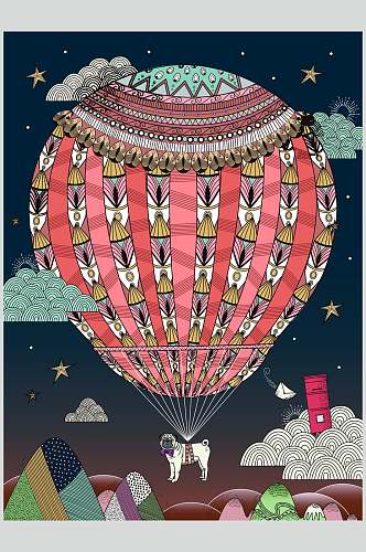 热气球红色纹理温馨插画矢量素材