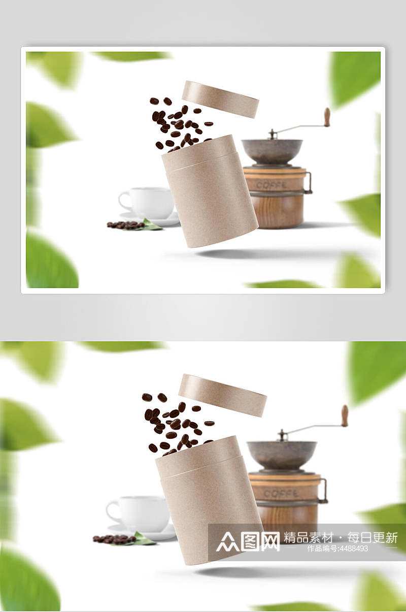 颗粒感叶子棕色咖啡豆包装样机素材