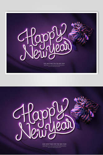 紫色英文霓虹灯新年促销海报