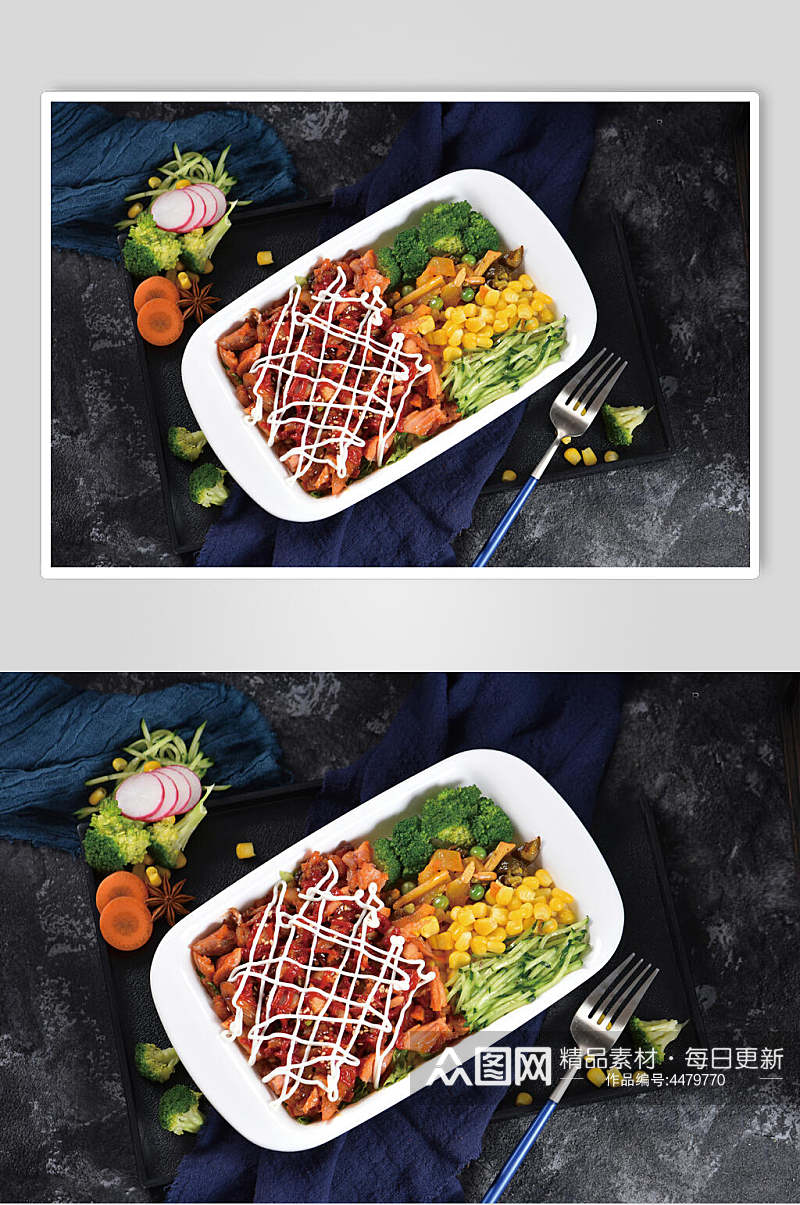 沙拉番茄烤肉拌饭摄影图片素材