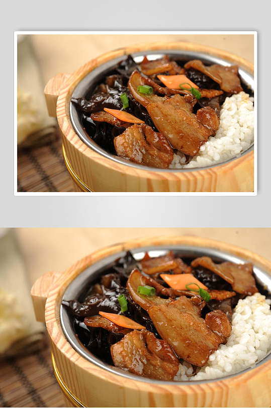 回锅肉木桶饭摄影图片