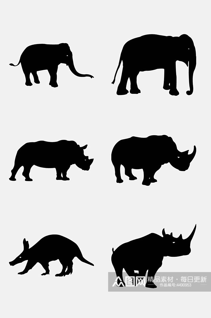 犀牛黑色大象简约动物剪影免抠素材素材