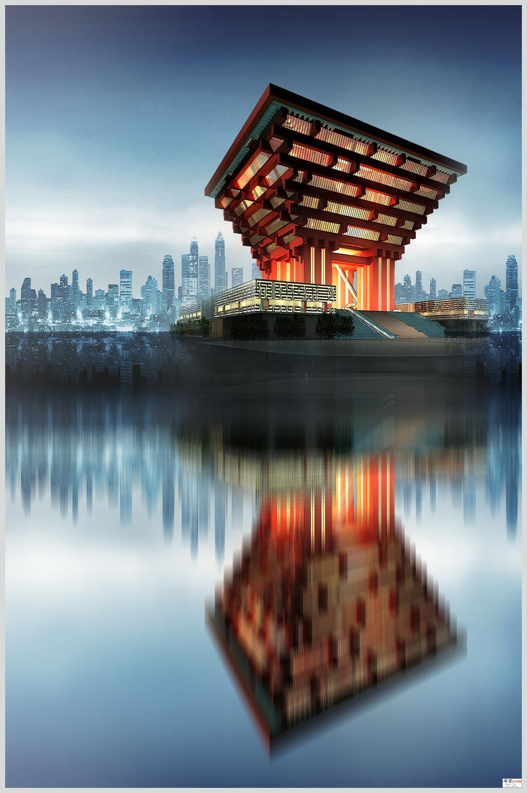 倒映房屋建筑蓝色拍摄背景图片素材