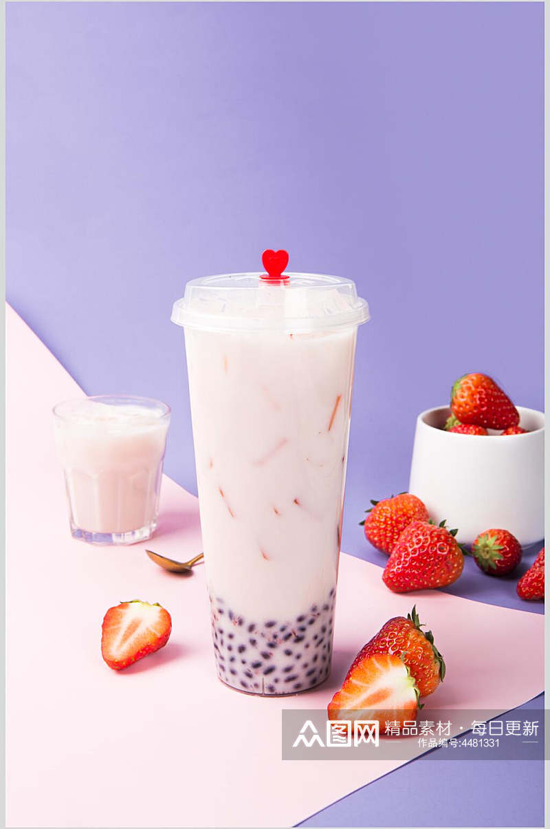 草莓紫色珍珠奶茶甜品饮料图片素材