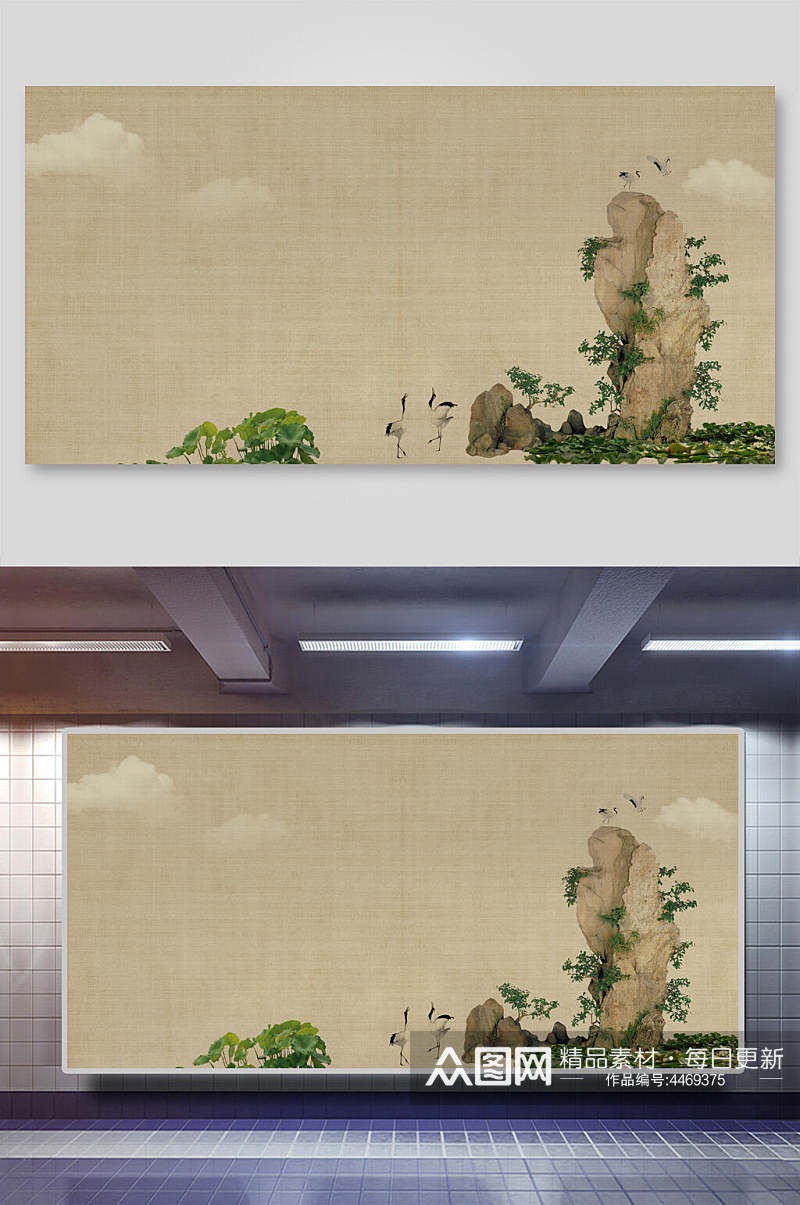 云朵山峰黄色叶子中国风工笔画背景素材