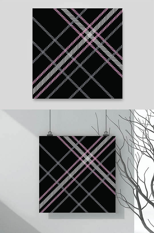 线条黑粉简约彩色格子图案矢量素材