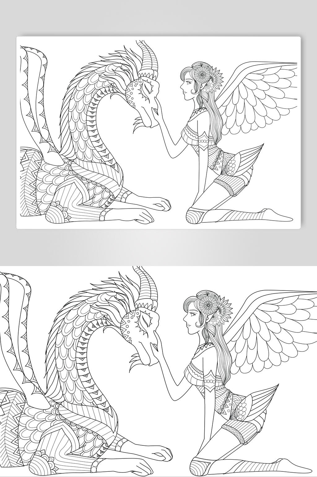 仙女魔法森林动物线稿矢量素材素材