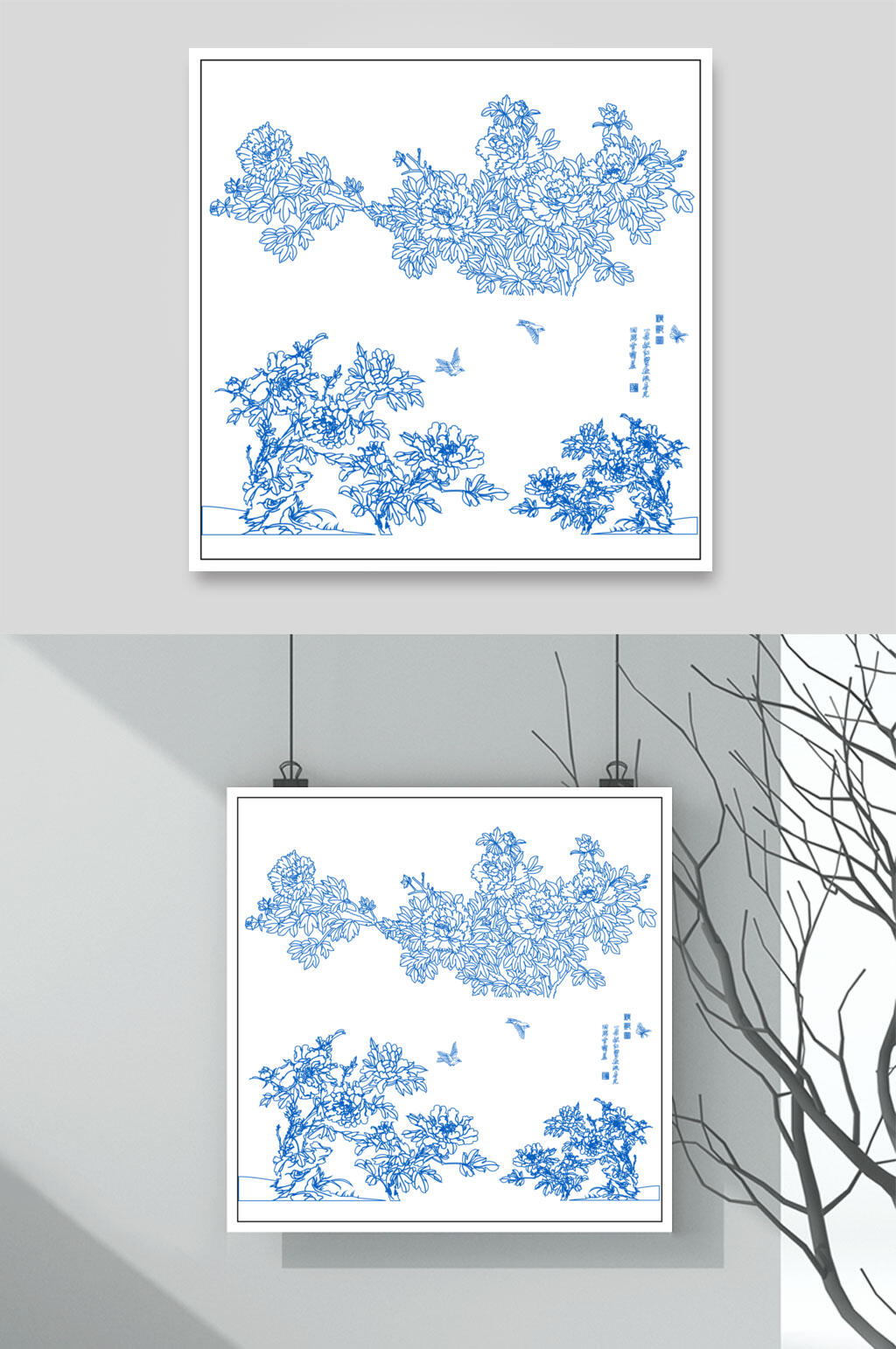 蓝唯美手绘古风线描牡丹花矢量素材素材