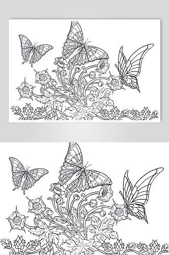 蝴蝶黑色魔法森林动物线稿矢量素材